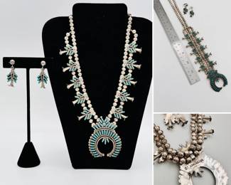 This vintage squash blossom necklace with matching earrings is a wonderful exemplar of vintage needlepoint turquoise and silver work from Zuni silversmith Terry Loncasion, an artisan widely known for their needlepoint jewelry.