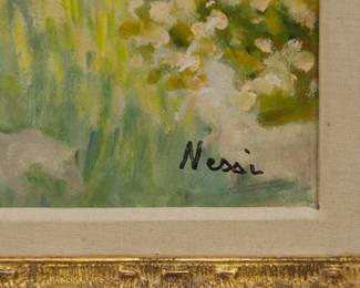 A beautifully colored impressionist landscape painting, oil on canvas, by Marie-Luci Nessi (French, 1910–1992). The painting is signed lower right and in a richly carved frame, originally from Wally Findlay Galleries, New York.