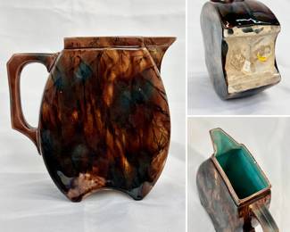 Antique English Majolica Arts and Crafts style pitcher with beautiful rich warm dark mottled glaze, marked underneath with a British Patent Office diamond or "kite" mark used on registered designs of decorative arts from 1842 –1883