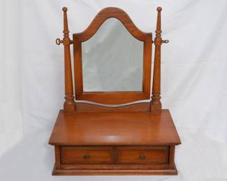 Attractive mid century Mainline by Hooker Furniture dresser top shaving / jewelry mirror with two drawers in base
