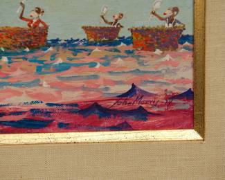 An oil on canvas board painting by John Morris (American, 1920-1991) depicting female monkeys sailing across the water in woven baskets while admiring themselves in hand mirrors. Signature in lower right corner. Matted and in a carved giltwood frame. Approximately 18" tall including frame.