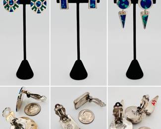 Mexican silver earrings inlaid with bold azurite and malachite colored stones in 925 sterling silver.