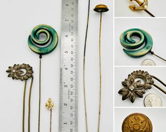 A lovely collection of hat pins and a wee gold anchor stick pin