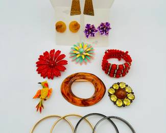 Bangle bracelets, floral brooch, colorful bird brooch, fabulous vintage earrings