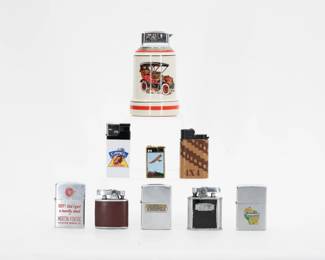 A collection of vintage advertising lighters including a 'Buick Model C 1905' table top lighter, a Morton Pontiac, Illinois flip top lighter, a Camel Cigarettes 75th Birthday lighter, a 'Fedders' Zippo lighter, and more