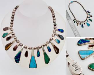 A lavish 950 Mexico sterling silver necklace design with inlay of malachite, tiger's eye, turquoise and more!