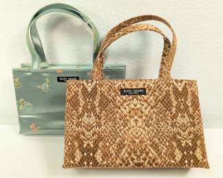 Kate Spade New York handbags - one in brown snakeskin, and one in embroidered green satin