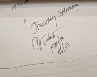 Closeup of reverse side of the signed original painting of a Native American in traditional dress, titled "January Shaman" by renowned artist Malcolm Furlow (1946-2023), an award-winning painter, whose accolades include the Silver award from the Sorbonne, and the highly coveted Gold Award from the world-renown Luxembourg Museum, Paris.