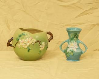 American art pottery - a Roseville Pottery Apple Blossom flower pot, and a Roseville Pottery Water Lily vase