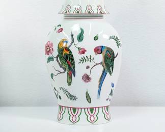 Another view of the Lynn Chase 'Parrots of Paradise' porcelain ginger jar with lid, the body depicting parrots and a cockatoo, the lid with a rosebud finial.