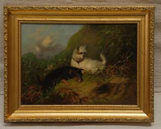 A 19th century English oil on canvas painting by British artist J. Langlois (1855-1904), depicting two rough coat terrier dogs alertly poised on a hillside as they hunt at the entrance to a rabbit den or fox hole. The hillside with trees and brambles, clouds gathering in the sky upper left adding tension to the captivating scene. The painting is housed in a carved giltwood frame. Langlois was a 19th century artist famous for his sporting paintings with dogs and game, one of the classic English painting genres.