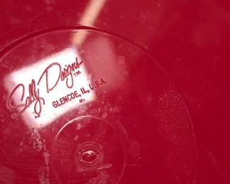 Closeup of vintage 1970s Sally Designs Red Acrylic Ice Bucket, Mod Bar Retro Barware