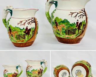 Two Wedgewood "Dye Ken John Peel" hunting scene pitchers with hound shaped handles