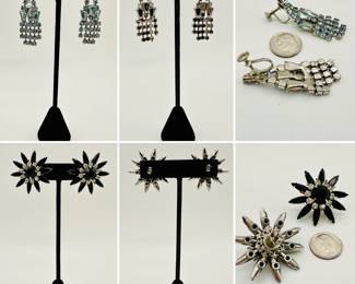 Art Deco style vintage blue rhinestone dangle pendant screwback earrings, black and white rhinestone starburst pierced earrings