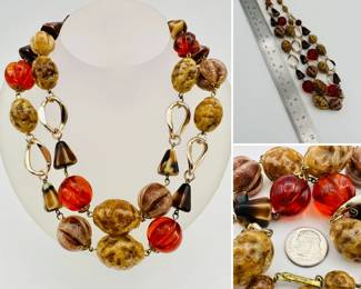 A fun vintage large colorful bead and metal link necklace, glowing red and gold tones, made in Germany