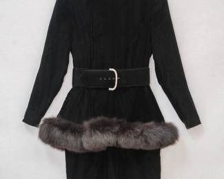 Victor Costa for Neiman Marcus black velvet belted peplum top with fox fur trim, and black pencil skirt set