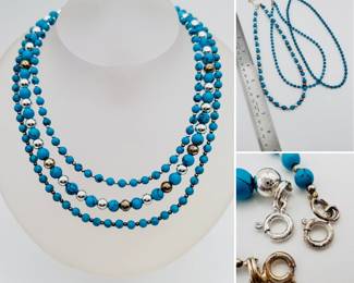 A group of turquoise and sterling silver beaded necklaces.