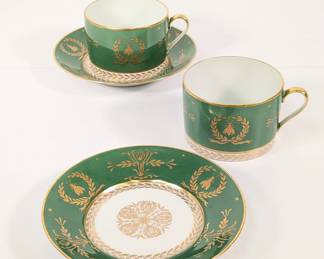 Pair of Limoges porcelain cup and saucers by Royale, in Abielle Vert pattern of bees and laurel wreaths