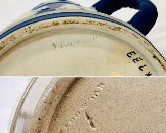 Closeup of the bases of the two antique Wedgwood jasper ware pitchers