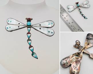 Bright and colorful inlaid silver dragonfly convertible pin/pendant from Zuni artisan Angus Ahiyite.