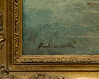 Franz Ambrasath (German 1889-1974) oil on canvas painting of three sailboats at sea. Signed Ambrasath lower left. The painting is housed in a carved giltwood frame.