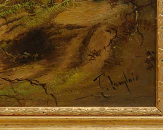 A 19th century English oil on canvas painting by British artist J. Langlois (1855-1904), depicting two rough coat terrier dogs alertly poised on a hillside as they hunt at the entrance to a rabbit den or fox hole. The hillside with trees and brambles, clouds gathering in the sky upper left adding tension to the captivating scene. The painting is housed in a carved giltwood frame. Langlois was a 19th century artist famous for his sporting paintings with dogs and game, one of the classic English painting genres.