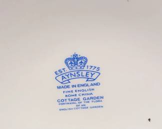 Closeup of Aynsley fine English bone china ginger jar, lidded sugar bowl and vase in Cottage Garden pattern