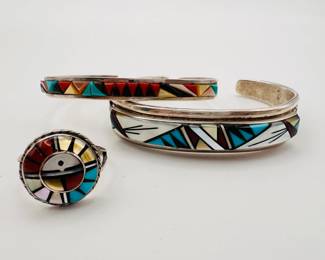 Native American and Mexican silver inlaid rings and bracelets