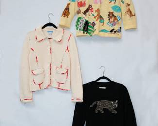 A vintage Design Options by Philip & Jane Gordon 'Summer Dogs' sweater, a White + Warren cream color sweater with ribbon trim, and an Alice + Olivia black long sleeve pullover sweater with leopard decoration