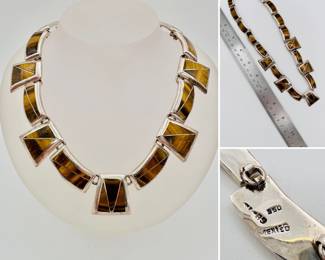 A fabulous 950 Mexican Silver tiger's eye bib necklace - a striking combination of tawny gold stones and sterling silver!