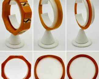 Rare vintage octagonal bakelite bangle bracelet with inlaid designs, and two natural material amber colored bangle bracelets