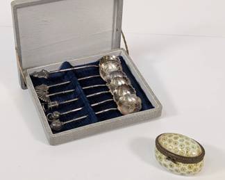Vintage set of sterling silver Japanese theme demitasse spoons, and a Limoges porcelain lidded box