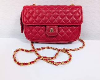 Red quilted leather flap closure shoulder purse