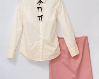 A J Crew cream color blouse with black bows accents, size 4; and a Gucci blush pink cotton twill skirt size 42