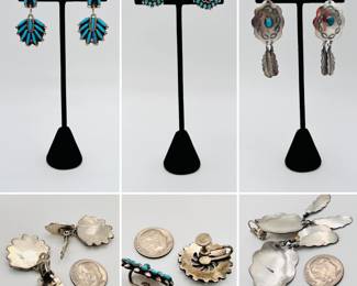 Native American needlepoint, cluster work, and silver set turquoise, including this group of fine silver earrings.
