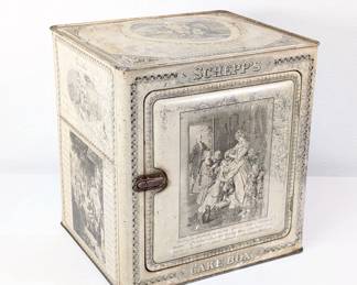 An early antique Schepps advertising cake box, tin construction with genre scenes throughout and single door opening to partially shelved interior, c1910. Decorated on front with a lithograph of Wilhelm von Kaulbach's painting depicting Goethe's "Sorrows of Werther." Both sides are decorated with lithographs depicting Ludwig Lindenschmit's painting "Friedrich Schiller at Weimar" along with a vignette by Kaulbach of "Dorothea (and the Emigrants)."