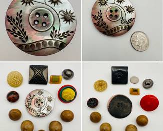 Collection of vintage buttons including a very large carved mother of pearl MOP button with rhinestones!