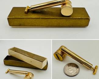 A delightful tiny vintage brass "flit gun" bug sprayer shaped perfume atomizer with original box!
