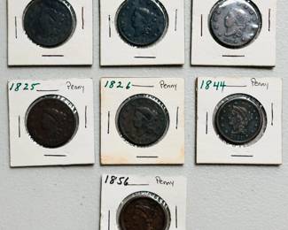 US Penny Coins, One Cent, Large Cents dated 1817, 1822, 1824, 1825, 1826, 1844, 1856