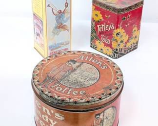 A Vintage large Allen's Toffee Candy Supreme store display tin, a rare empty vintage Bénédictine liqueur tin gift box, and an antique Tetley’s Tea tin w Arts & Crafts design made in England