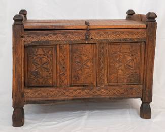 Antique primitive carved wooden coffer or blanket chest