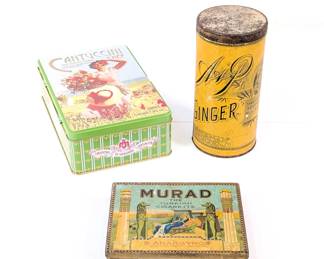 A Cantucci almond cookies decorated tin box, an antique A&P Ginger Tin - Sultana Spice Mills (see same in the National Museum of American History), and a Murad cigarette box tin, made by P. Lorillard Tobacco Company. Lorillard employed “Oriental” themes in their advertising of Murad to emphasize the Turkish roots of the tobacco blend. See same box in the Smithsonian Institution's Museum.
