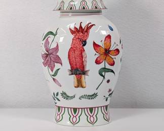 A Lynn Chase 'Parrots of Paradise' porcelain ginger jar with lid, the body depicting parrots and a cockatoo, the lid with a rosebud finial.