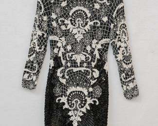 Stunning 90's black silk cocktail dress with black and white sequins and beadwork decoration - glamorous night out!