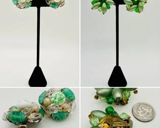 Vintage green and white tone bead cluster clip earrings