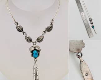 Native American Navajo style sterling silver and turquoise shadowbox pendant necklace with linked leaves and a central dangling feather, signed JJ.