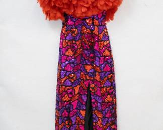 Fabulous colorful sequined maxi dress with feathered collar bodice