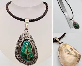 Gorgeous vintage Navajo sterling silver and turquoise pendant, signed O. (Oliver) Smith, strung on braided dark brown leather cord with sterling silver clasp.