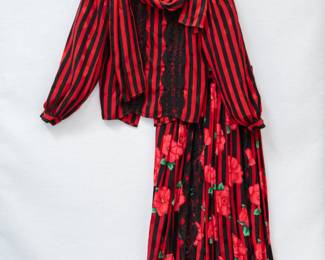 Vintage 1970's Miss O by Oscar de la Renta silk red and black striped blouse with red and black floral striped skirt