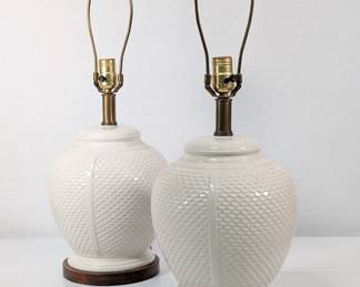 Vintage pair of Frederick Cooper cream embossed ceramic ginger jar style lamps